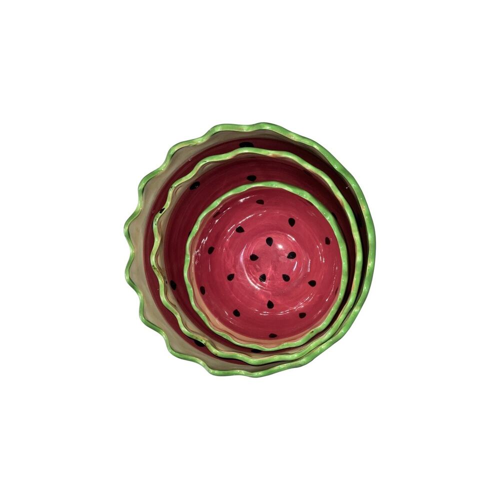 Secret Garden®️Watermelon Serving Bowls 3 Piece Nesting Set Ceramic Green Red